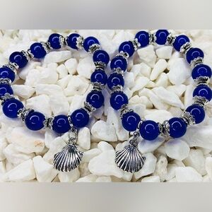 Nautical Blue Beaded Bracelet with Silver Shell Charm